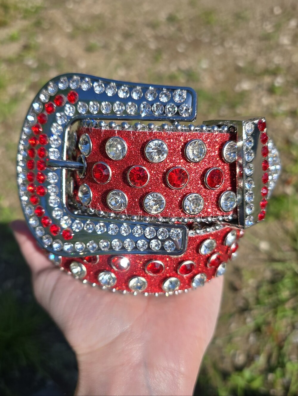 Red Silver Glitter Belt Western Rhinestome Buckle Rodeo Womens Small New